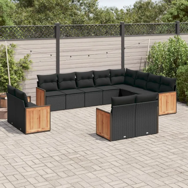 Salon de jardin 12 pcs avec coussins noir résine tressée