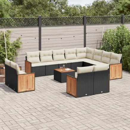 Salon de jardin avec coussins 13 pcs noir résine tressée