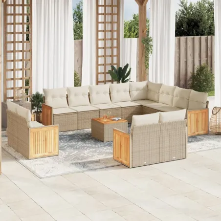 Salon de jardin avec coussins 13 pcs beige résine tressée