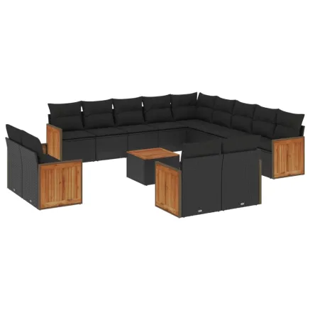 Salon de jardin avec coussins 14 pcs noir résine tressée 2