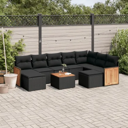 Salon de jardin 10 pcs avec coussins noir résine tressée