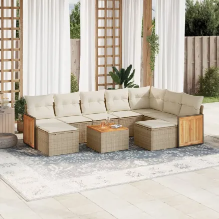 Salon de jardin avec coussins 10 pcs beige résine tressée