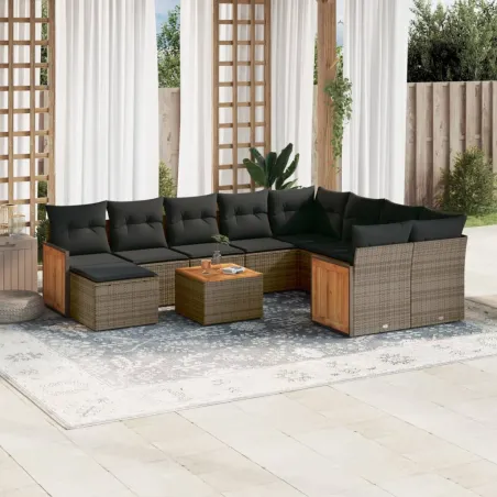 Salon de jardin 11 pcs avec coussins gris résine tressée