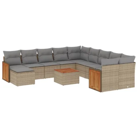 Salon de jardin avec coussins 12 pcs beige résine tressée