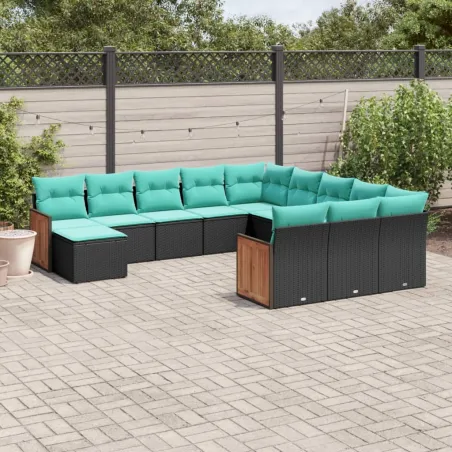 Salon de jardin avec coussins 12 pcs noir résine tressée