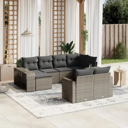 Salon de jardin avec coussins 10 pcs gris résine tressée