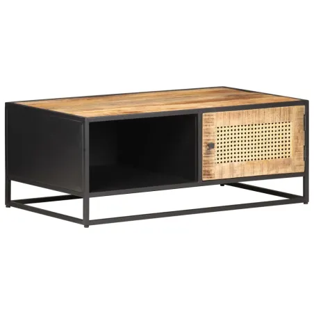 Table basse 90x50x35cm Bois de manguier brut et canne naturelle