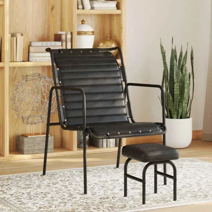 Fauteuil de relaxation avec repose-pied Noir Cuir véritable