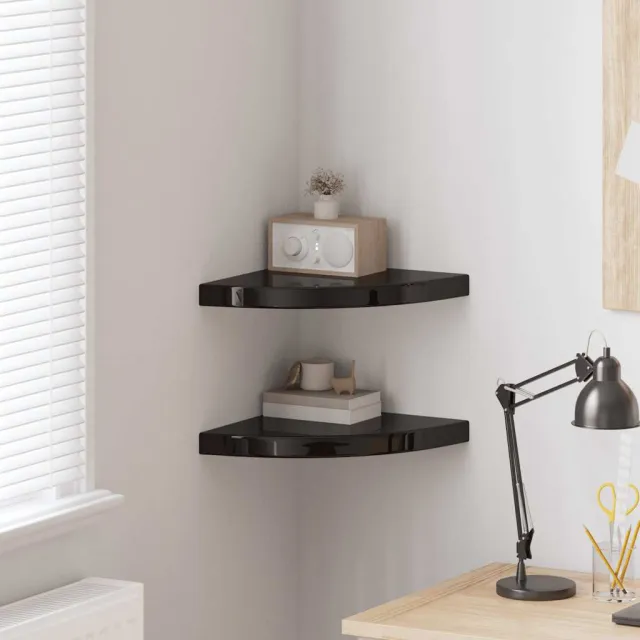 Étagères d'angle flottantes 2pcs noir brillant 35x35x3,8 cm MDF