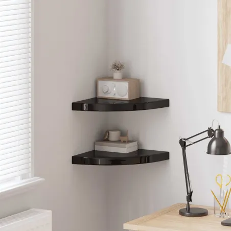 Étagères d'angle flottantes 2pcs noir brillant 35x35x3,8 cm MDF