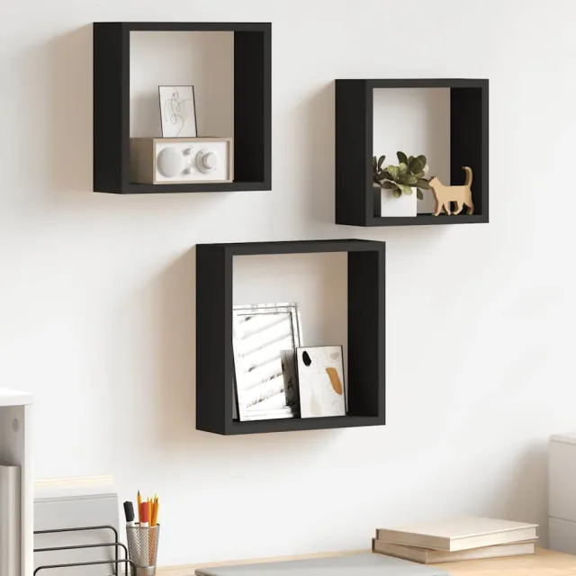 Étagères murales sous forme de cube 3 pcs Noir MDF