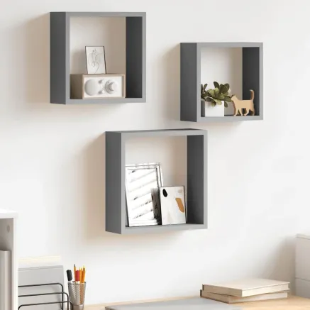 Étagères murales sous forme de cube 3 pcs Gris MDF