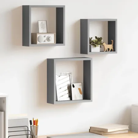 Étagères murales sous forme de cube 3 pcs Gris MDF