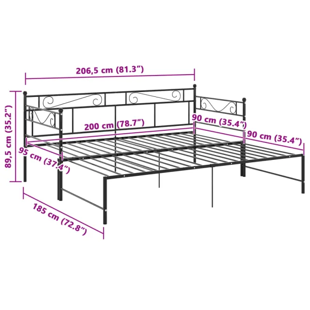 Cadre de canapé-lit extensible sans matelas Noir Métal 90x200cm