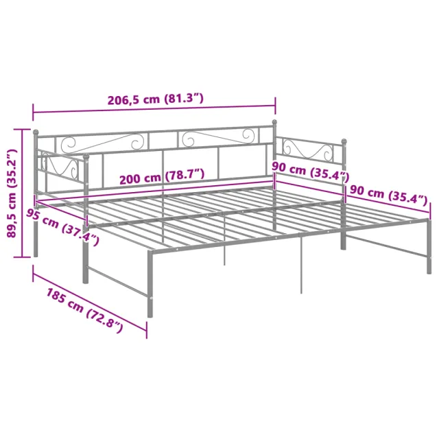 Cadre de canapé-lit extensible sans matelas gris métal 90x200cm