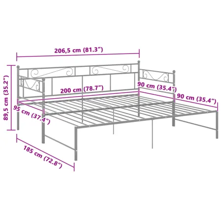 Cadre de canapé-lit extensible sans matelas gris métal 90x200cm