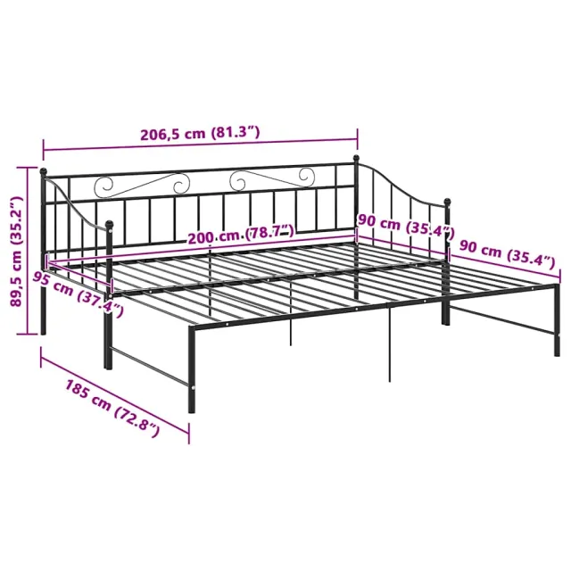 Cadre de canapé-lit extensible sans matelas Noir Métal 90x200cm