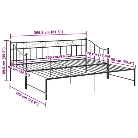 Cadre de canapé-lit extensible sans matelas Noir Métal 90x200cm