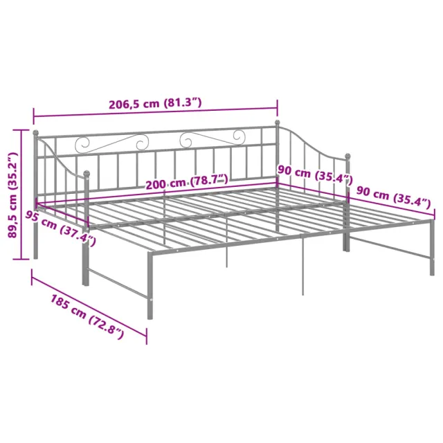 Cadre de canapé-lit extensible sans matelas gris métal 90x200cm