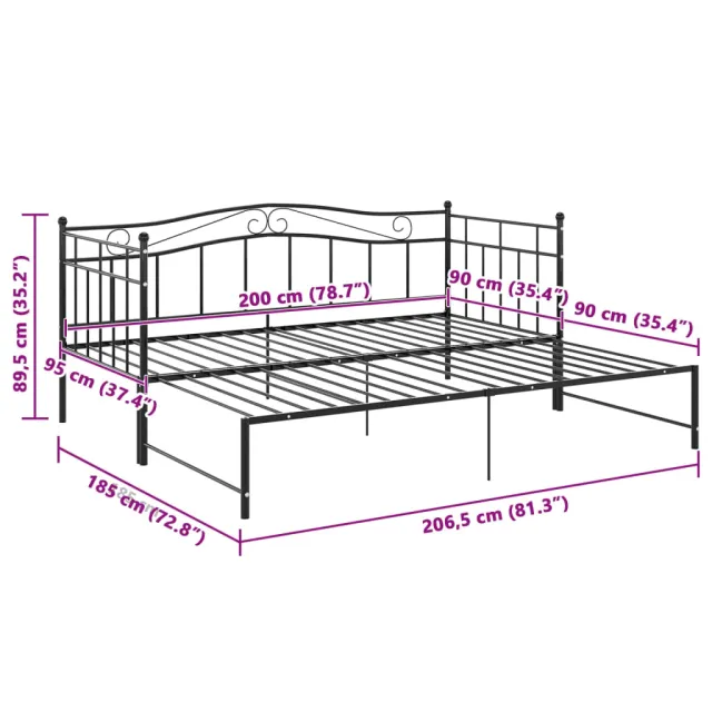 Cadre de canapé-lit extensible sans matelas Noir Métal 90x200cm