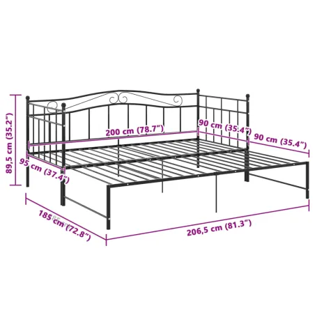 Cadre de canapé-lit extensible sans matelas Noir Métal 90x200cm