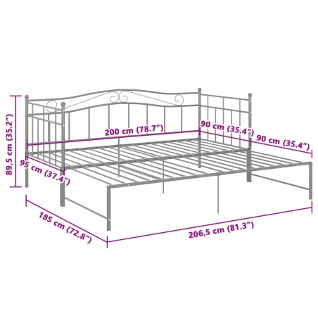 Cadre de canapé-lit extensible sans matelas gris métal 90x200cm