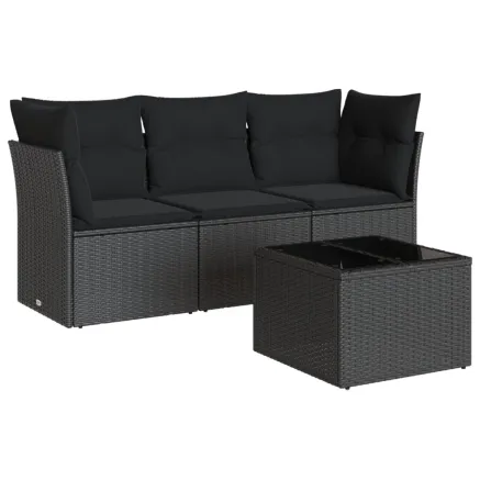 Salon de jardin 4 pcs avec coussins noir résine tressée 2