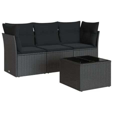 Salon de jardin 4 pcs avec coussins noir résine tressée