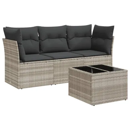 Salon de jardin 4 pcs avec coussins gris clair résine tressée 2