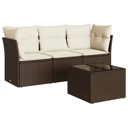 Salon de jardin 4 pcs avec coussins marron résine tressée 2