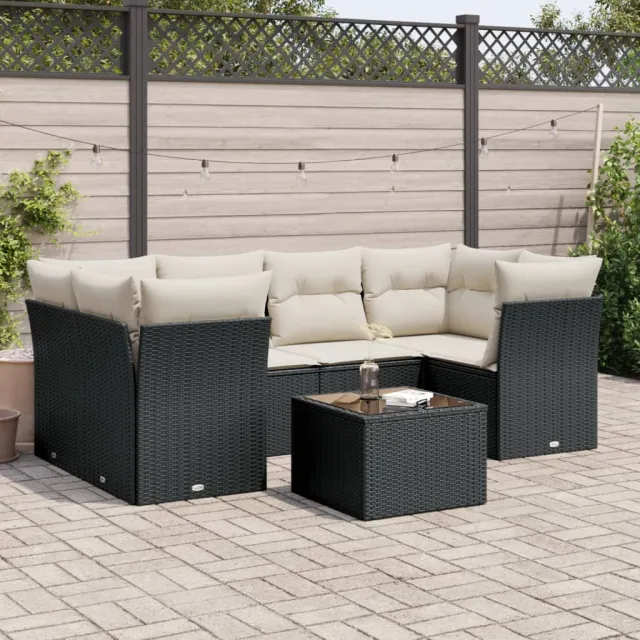 Salon de jardin 7 pcs avec coussins noir résine tressée