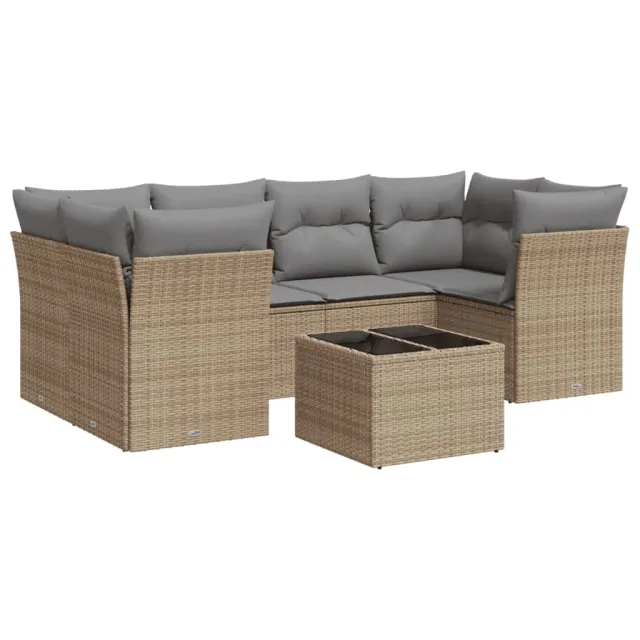 Salon de jardin avec coussins 7 pcs beige résine tressée