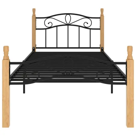 Cadre de lit sans matelas noir métal bois chêne massif 90x200cm