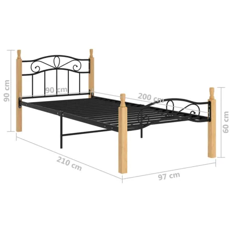 Cadre de lit sans matelas noir métal bois chêne massif 90x200cm