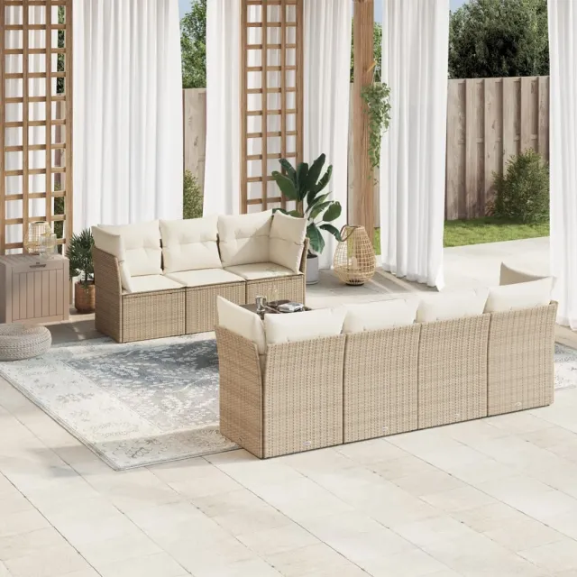 Salon de jardin avec coussins 8 pcs beige résine tressée