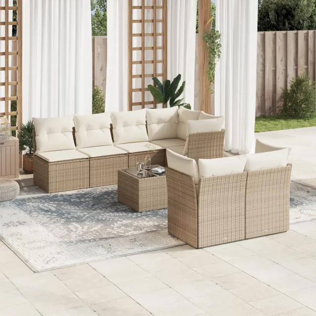 Salon de jardin avec coussins 8 pcs beige résine tressée