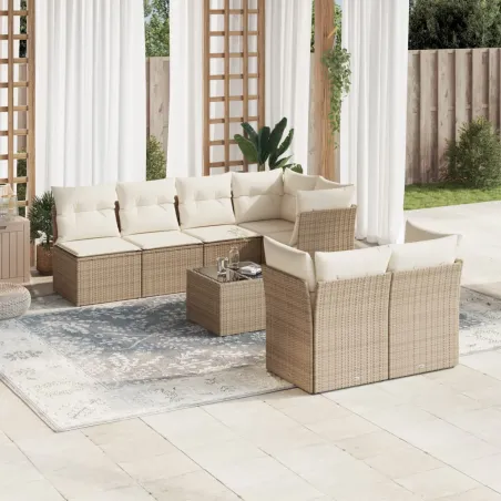 Salon de jardin avec coussins 8 pcs beige résine tressée