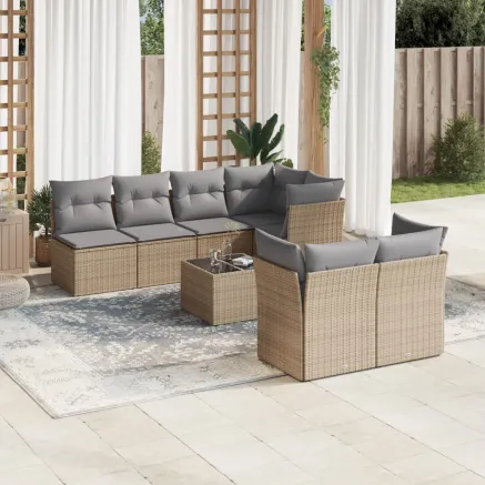 Salon de jardin avec coussins 8 pcs beige résine tressée