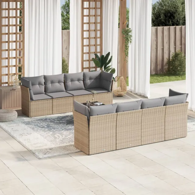 Salon de jardin avec coussins 9 pcs beige résine tressée