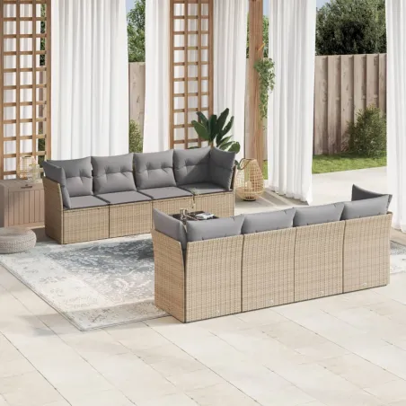 Salon de jardin avec coussins 9 pcs beige résine tressée