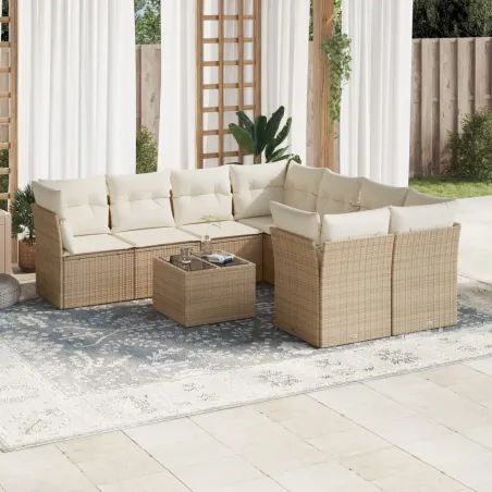 Salon de jardin avec coussins 9 pcs beige résine tressée