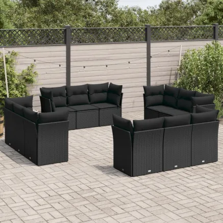 Salon de jardin 12 pcs avec coussins noir résine tressée