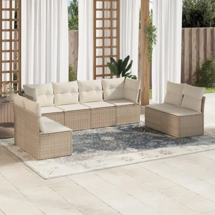 Salon de jardin avec coussins 8 pcs beige résine tressée