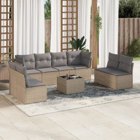 Salon de jardin avec coussins 9 pcs beige résine tressée