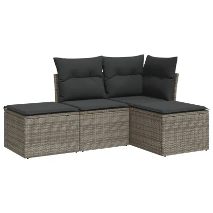 Salon de jardin 4 pcs avec coussins gris résine tressée 2