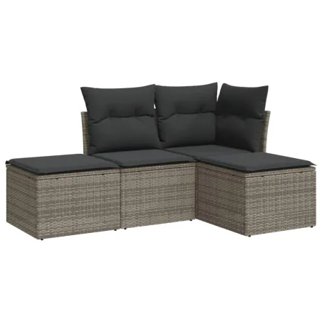 Salon de jardin 4 pcs avec coussins gris résine tressée