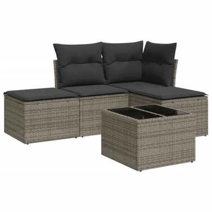 Salon de jardin 5 pcs avec coussins gris résine tressée 2