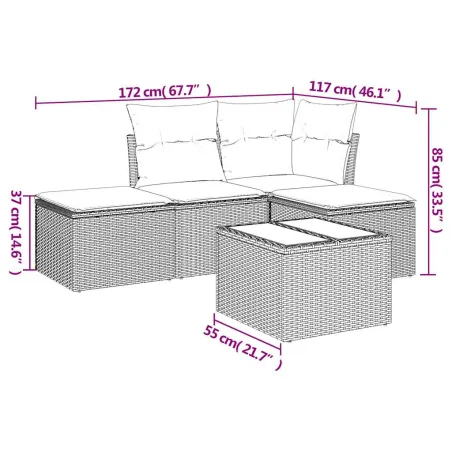 Salon de jardin 5 pcs avec coussins gris clair résine tressée