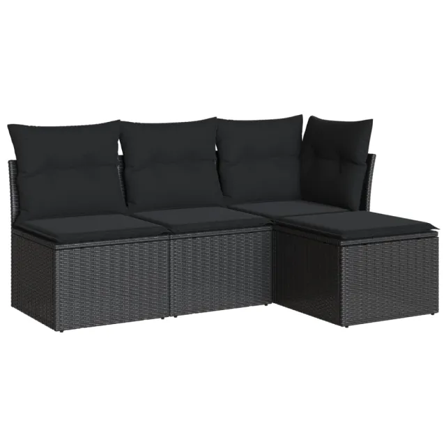 Salon de jardin 4 pcs avec coussins noir résine tressée