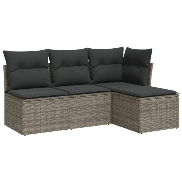 Salon de jardin 4 pcs avec coussins gris résine tressée